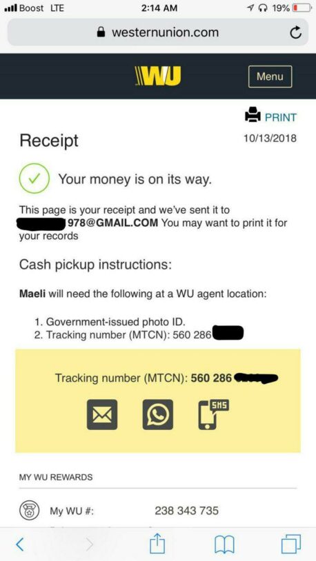 $1000 Western Union transfer